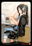  absurdres akg akiyama_mio bakutendou bangs bare_shoulders black_hair blue_eyes blunt_bangs blush chair headphones highres k-on! left-handed long_hair looking_back mechanical_pencil pencil ponytail sitting solo wooden_pencil 