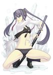  bad_id bad_pixiv_id bra hair_ornament katana lingerie loafers long_hair necktie no_pants open_clothes open_shirt original panties puddle purple_eyes purple_hair ready_to_draw sheath sheathed shirt shoes solo striped striped_bra striped_panties sword terumii torn_clothes twintails underwear underwear_only weapon 