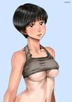  ayumu_(zenkou) bare_shoulders black_hair blue_background blush breasts covered_nipples dated large_breasts looking_at_viewer navel one-piece_tan open_mouth original shiny shiny_hair shiny_skin shirt_lift short_hair simple_background solo sports_bra tan tanline underboob zenkou 