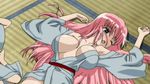  animated animated_gif armpits bare_shoulders bouncing_breasts breasts breasts_apart breathing center_opening haramura_nodoka heavy_breathing large_breasts long_hair lying pink_hair saki solo sweat wince 