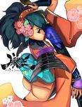  armor ass black_hair brown_eyes comb floral_print flower gauntlets hair_flower hair_ornament highres japanese_clothes katana kimono kinggainer momohime no_panties oboro_muramasa ponytail short_kimono solo sword thighhighs weapon 