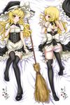  ass black_legwear blonde_hair broom dakimakura eatbara hat highres kirisame_marisa looking_back lying multiple_views panties panty_pull petticoat shoes single_shoe thighhighs torn_clothes torn_legwear touhou underwear witch_hat 