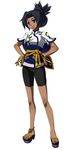  anklet belt bike_shorts black_eyes black_hair blazblue bracelet chinese_clothes dark_skin feet flat_chest frown full_body hands_on_hips high_heels jewelry linhua mori_toshimichi obi official_art ponytail rope sandals sash shadow shoes simple_background solo standing tan turtleneck 