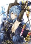  1girl absurdres animal_ears armpits arms_up bangs black_gloves blue_dress blue_hair blush breasts cleavage dress elbow_gloves erune ferry_(granblue_fantasy) gloves granblue_fantasy hair_between_eyes hair_ornament highres holding holding_sword holding_weapon hyouta_(yoneya) jewelry long_hair medium_breasts necklace sideboob single_earring smile solo sword wavy_hair weapon whip yellow_eyes 