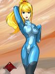  :d artist_name blonde_hair blue_eyes blue_suit bodysuit breasts hand_on_own_chest kein2002 latex metroid open_mouth ponytail samus_aran smile solo zero_suit 