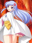  ass blue_eyes blue_hair dororon_enma-kun from_behind hair_ornament hairpin japanese_clothes kimono long_hair long_sleeves looking_back miyama_amehiko short_kimono smile solo yukiko_hime 