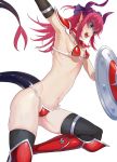  1girl absurdres armor bikini bikini_armor blue_eyes breasts collar commentary_request dragon_tail earrings elbow_gloves elizabeth_bathory_(brave)_(fate) elizabeth_bathory_(fate)_(all) fangs fate/extra fate/extra_ccc fate/grand_order fate_(series) gloves hakisou highres holding_shield horns jewelry long_hair navel pauldrons pink_hair pointy_ears red_armor red_bikini shield sidelocks silver_trim simple_background skindentation small_breasts solo swimsuit tail teeth thighhighs white_background 