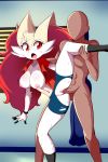  2019 5_fingers anthro anthrofied big_breasts bike_shorts braixen breasts canid canine clothed clothing duo exposed_breasts faceless_male female fur hair hi_res human interspecies long_hair lucyfercomic male male/female mammal may_(pok&eacute;mon) navel nintendo nipples open_shirt penetration pok&eacute;mon pok&eacute;mon_(species) pok&eacute;philia raised_leg red_eyes red_hair sex shorts standing_sex sweat torn_clothing vaginal vaginal_penetration video_games white_fur yellow_fur 