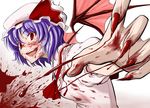  1girl blood claws evil fangs female hat open_mouth pixiv389400 pointy_ears purple_hair red_eyes remilia_scarlet smile solo stain takebi touhou wings 