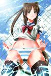  animal_ears bad_id bad_pixiv_id black_eyes black_hair cameltoe copyright_request no_pants panties solo striped striped_panties tail thighhighs underwear uron-rei 