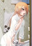  absurdres artist_request blazblue blonde_hair blush brushing_teeth cup dress_shirt green_eyes highres lao_jiu leaning_forward long_hair mug naked_shirt navel no_panties noel_vermillion official_art one_eye_closed open_clothes open_shirt panda saliva see-through shirt sleeves_rolled_up solo tears toothbrush towel wince 