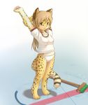  1girl animal_ears arms_up barefoot cleaning female full_body furry gym_uniform hose leopard_ears leopard_tail long_hair panties paws smile solo stretch tail underwear water whiskers 