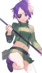  1girl boots breasts chrome_dokuro commentary_request eyepatch heiwa_(murasiho) highres katekyo_hitman_reborn! looking_at_viewer midriff polearm purple_eyes purple_hair short_hair simple_background skirt smile solo weapon white_background 