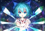  1girl blue_bow blue_eyes blue_hair bow cirno collarbone collared_shirt crystal eyebrows_visible_through_hair hair_bow hands_together highres lens_flare_abuse looking_at_viewer parted_lips puffy_short_sleeves puffy_sleeves red_ribbon ribbon shirt short_hair short_sleeves solo teraguchi touhou upper_body white_shirt wings 