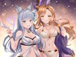  2girls animal_ears bare_shoulders bikini blue_eyes blush bracelet breasts brown_hair choker cleavage closed_mouth collarbone commentary_request cowboy_shot erune feathers floating_hair front-tie_bikini front-tie_top granblue_fantasy grin hair_ornament hairclip hand_up headgear heart holding jewelry korwa large_breasts light_particles long_hair looking_at_viewer multiple_girls naomi_(fantasia) navel quill see-through silver_hair smile song_(granblue_fantasy) sparkle standing stomach swimsuit white_bikini white_choker yellow_eyes 