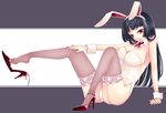  animal_ears bad_id bad_pixiv_id black_hair breasts bunny_ears bunny_girl bunnysuit cleavage feet fishnet_legwear fishnets high_heels large_breasts long_hair momoyama_nozomu original red_eyes shoe_dangle shoes sitting solo thighhighs 