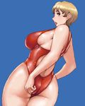  ass blonde_hair blue_background blue_eyes breasts competition_swimsuit copyright_request large_breasts lowres matoyama one-piece_swimsuit short_hair sideboob solo swimsuit 