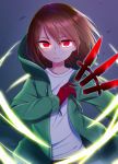  1other artist_request brown_hair chara_(undertale) commentary_request eyebrows_visible_through_hair eyelashes gloves green_hoodie highres hood hoodie knife long_sleeves looking_at_viewer magic open_clothes open_hoodie red_eyes red_gloves shirt short_hair solo storyshift undertale white_shirt 