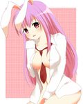  animal_ears bad_id bad_pixiv_id between_breasts breasts bunny_ears highres large_breasts long_hair necktie necktie_between_breasts open_clothes open_shirt purin_jiisan purple_hair red_eyes red_neckwear reisen_udongein_inaba shirt solo touhou 