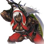  bent_over breasts chinbotsu cleavage dark_skin dober_(armor) horns huge_breasts huge_weapon lips monster_hunter monster_hunter_3 muscle muscular_female solo sword thick_thighs thighs weapon white_hair 