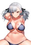 1girl absurdres alternate_costume arm_behind_back bangs bare_shoulders bikini black_ribbon blue_bikini blush breasts cleavage collarbone eyebrows_visible_through_hair girls_frontline greem_bang hair_ribbon hand_behind_head highres huge_filesize large_breasts lipstick_mark long_hair looking_at_viewer navel o-ring red_eyes ribbon sidelocks silver_hair simple_background sitting skindentation smile solo spas-12_(girls_frontline) spread_legs stomach swimsuit twintails white_hair 