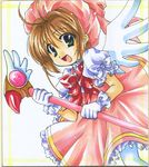  ahoge bow brown_hair cardcaptor_sakura child dress fuuin_no_tsue gloves green_eyes hat imoko. kinomoto_sakura magical_girl pantyhose pink_hat short_hair solo wand white_gloves white_legwear wings 