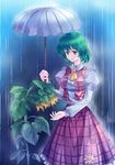  ascot bad_id bad_pixiv_id flower green_hair kazami_yuuka pico_(picollector79) plaid plaid_skirt plaid_vest rain red_eyes sad short_hair skirt skirt_set solo sunflower touhou umbrella vest 