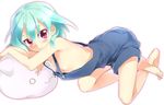  :3 aqua_hair barefoot blue_hair blush feet flat_chest kayou_(kayou-bi) looking_at_viewer lying naked_overalls nipples original overalls red_eyes simple_background smile solo white_background 