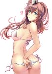  1girl aqua_eyes ass bare_shoulders bikini blush breasts brown_hair butt_crack closed_mouth covering covering_ass erect_nipples eyebrows_visible_through_hair from_behind hair_between_eyes hand_on_own_chest heart kantai_collection kuurunaitsu large_breasts long_hair looking_at_viewer looking_back ponytail saratoga_(kantai_collection) shoulder_blades side_ponytail sidelocks smile smokestack solo swimsuit twisted_torso untied untied_bikini white_bikini 