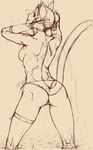  adjusting_hair animal_ears arms_up ass back bad_id bad_pixiv_id cameltoe commentary_request doku_sasori final_fantasy final_fantasy_xi from_behind garters mithra monochrome muscle panties sketch solo standing tail topless underwear 