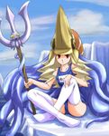  blonde_hair capcom_fighting_jam cloud day genderswap genderswap_(mtf) hat ice indian_style long_hair midnight_bliss nool one-piece_swimsuit outdoors polearm red_eyes school_swimsuit sitting sky solo squid swimsuit tentacles thighhighs tri trident warzard water wavy_hair weapon white_legwear 