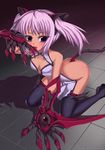  1girl blush breasts butt_crack claws darkmaya female kneeling licking looking_at_viewer no_panties purple_eyes purple_hair shadow small_breasts solo tail thighhighs tongue twintails 