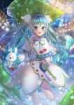  1girl aqua_eyes aqua_hair blush bunny capelet cherry commentary dress english_commentary flower food frilled_capelet frills fruit hair_flower hair_ornament hatsune_miku headset highres holding holding_leaf leaf leaf_umbrella long_hair looking_at_viewer narami night night_sky rainbow sky snowbell_(flower) snowflake_print snowflakes twintails upper_body very_long_hair vocaloid white_dress yuki_miku yukine_(vocaloid) 