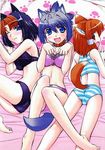  3girls animal_ears bed black_panties blue_eyes blush bra breasts dog_ears dog_tail doggirl elga elga_(inumimi) inumimi inumimi_(manga) large_breasts lingerie lowres luna_(inumimi) multiple_girls open_mouth panties pink_panties rino_(inumimi) smile striped tail tail_hole underwear 