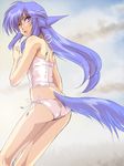  animal_ears back bikini blue_hair follower_(yagisaka_seto) genderswap genderswap_(mtf) heterochromia looking_back original side-tie_bikini solo standing swimsuit tail tankini white_bikini yagisaka_seto 