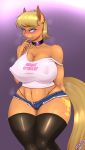  &lt;3 &lt;3_eyes 2019 5_fingers absurd_res anthro anthrofied big_breasts blonde_hair blush breasts choker cleavage clothed clothing cutie_mark denim_shorts ear_piercing english_text equine female friendship_is_magic gradient_background hair hi_res horse huge_breasts legs_together legwear looking_at_viewer mammal mature_female midriff ms._harshwhinny_(mlp) my_little_pony navel nipple_outline piercing shirt short_hair shorts simple_background smile standing tank_top text thick_thighs thigh_highs thong wolfmask 