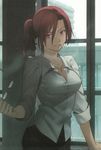  aozaki_touko blouse breasts cigarette cleavage duplicate glasses highres jewelry jpeg_artifacts kara_no_kyoukai large_breasts necklace non-web_source pencil_skirt ponytail red_eyes red_hair skirt sleeves_rolled_up solo window 