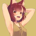  1girl :d animal_ear_fluff animal_ears armpits arms_behind_head arms_up bandaid bandaid_on_cheek bare_arms bare_shoulders breasts brown_background brown_shirt calm_mashiro collarbone erect_nipples hound_(sekaiju) open_mouth orange_eyes red_hair sekaiju_no_meikyuu sekaiju_no_meikyuu_5 shirt short_hair simple_background sleeveless sleeveless_shirt small_breasts smile solo upper_body upper_teeth v-shaped_eyebrows 
