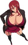  breasts cleavage foreshortening from_above garters gigantic_breasts glasses hidarikiki highres red_hair solo thighhighs 