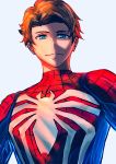  1boy absurdres blue_eyes bodysuit brown_hair highres looking_at_viewer male_focus marvel peter_parker short_hair simple_background smile solo spider-man spider-man_(series) 