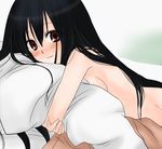  black_hair blanket blush breasts ekra hug komori_kiri large_breasts long_hair looking_at_viewer lying naked_sheet nude out-of-frame_censoring pillow pillow_hug red_eyes sayonara_zetsubou_sensei smile solo 