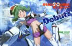  ;d absurdres ahoge blush cloud cosplay covered_nipples day flying gloves green_hair hat highres macross macross_frontier macross_frontier:_itsuwari_no_utahime magazine_scan mamezuka_takashi mecha mecha_musume midriff navel official_art one_eye_closed open_mouth outstretched_arms ranka_lee red_eyes scan short_shorts shorts sky smile solo spread_arms thighhighs vf-25 vf-25_(cosplay) 
