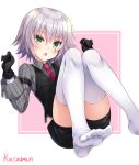  1girl :o alternate_costume arm_belt artist_name bandage bandaged_arm bandages bangs black_gloves black_shorts black_vest blush buckle collared_shirt colored_eyelashes commentary_request eyebrows_visible_through_hair facial_scar fate/grand_order fate_(series) feet gloves green_eyes grey_shirt highres jack_the_ripper_(fate/apocrypha) kasaran long_sleeves looking_at_viewer necktie open_mouth pink_background pink_neckwear scar scar_on_cheek shirt short_shorts shorts silver_hair sleeves_folded_up solo striped striped_shirt thighhighs toes two-tone_background vertical-striped_shirt vertical_stripes vest w_arms white_background white_legwear 