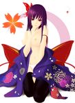  breasts bug butterfly copyright_request highres illusionk insect kneeling medium_breasts panties purple_eyes purple_hair solo thighhighs topless underwear 