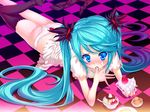  aqua_hair aqua_nails ass black_legwear blue_eyes cake checkered checkered_floor finger_licking food food_on_face hatsune_miku hisasi licking long_hair lying nail_polish on_stomach panties pastry pudding single_thighhigh solo thighhighs underwear vocaloid white_panties world_is_mine_(vocaloid) 