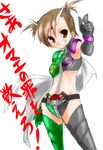  belt brown_eyes brown_hair fusion futami_ami futami_mami hair_bobbles hair_ornament idolmaster idolmaster_(classic) kamen_rider kamen_rider_double kamen_rider_w parody rider-tan scarf short_hair solo takeya_yuuki 