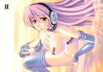  areola_slip areolae ass blush bottomless breasts detached_sleeves dutch_angle elbow_gloves gloves headphones highres kanesada_keishi large_breasts legs long_hair original pink_hair see-through solo thighhighs thighs water yellow_eyes 