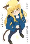  animal_ears blonde_hair blush cat_ears crotch_seam glasses long_hair panties panties_under_pantyhose pantyhose pee peeing peeing_self perrine_h_clostermann shichimenchou simple_background solo strike_witches tail tears translated trembling underwear world_witches_series yellow_eyes 