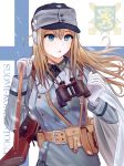  1girl binoculars blonde_hair blue_eyes coat_of_arms earmuffs finnish_flag finnish_text girls_frontline gloves gun hat highres load_bearing_equipment long_hair military military_hat military_uniform solo submachine_gun suomi_kp/-31 suomi_kp31_(girls_frontline) testame uniform weapon 