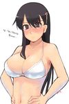  between_breasts black_eyes black_hair blush bra breasts cleavage copyright_request glasses hair_ornament hairclip hands_on_hips large_breasts lingerie long_hair navel ryou solo translated underwear underwear_only 
